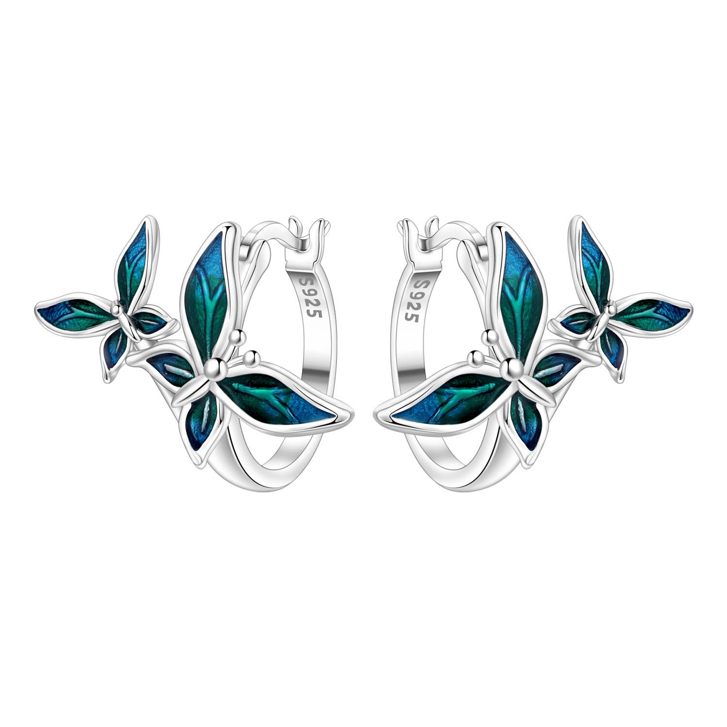 

S925 Sterling Silver Blue Green Butterfly Insects Earrings Hoop Earrings Women Jewelry Original Trendy Anniversary Gift