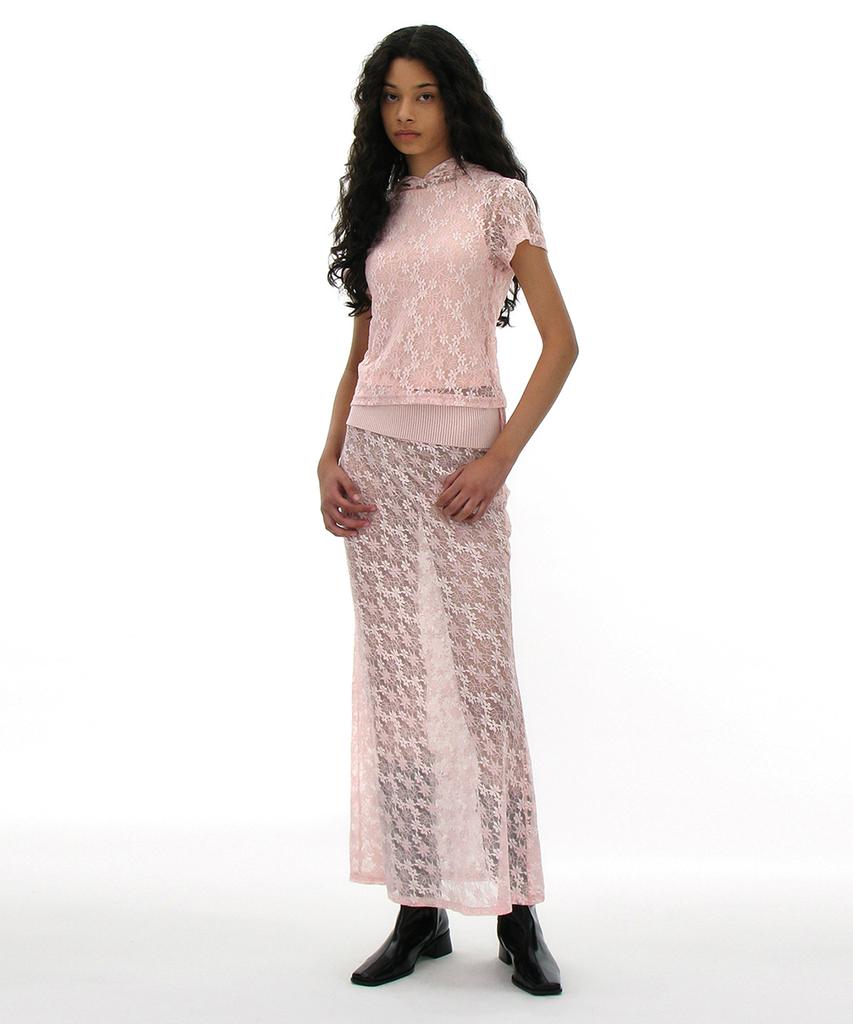 Partimento Woman Lace Flare Maxi Skirt_Pink