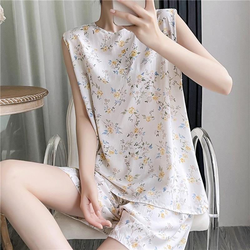 Cotton and silk pajamas women's summer thin loose sleeveless artificial cotton loungewear can be worn outside student cotton silk suit plus size