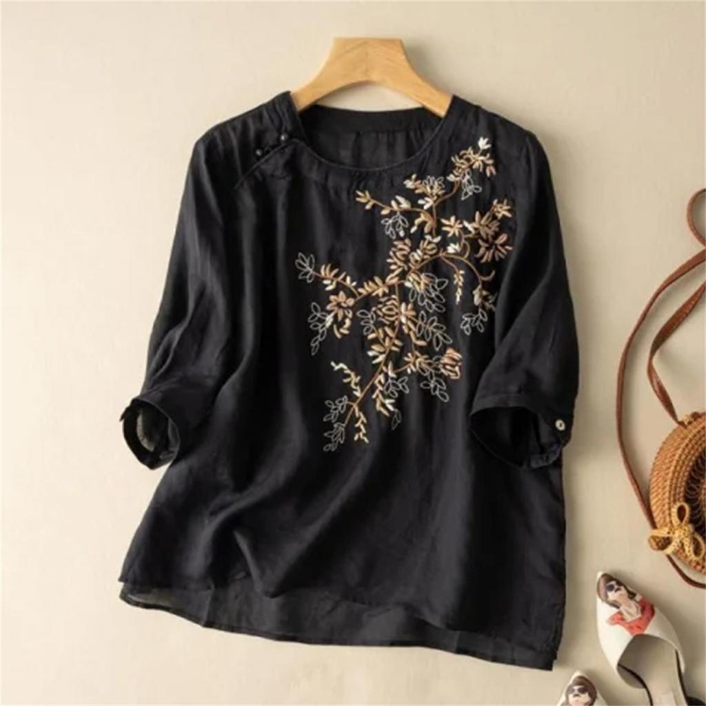 Women's Vintage Inspired Loose Fit Mid-Sleeve Cotton Linen Blend Embroidered Top
