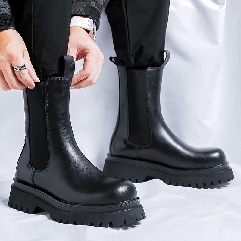 Men's Black boots Classic designer casual style Party or work 38-46 Fashion outdoor street High top leather shoes Thick soled