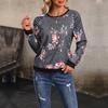 Camicetta da donna autunnale alla moda, comoda, casual, a maniche lunghe, con scollo tondo stampato
