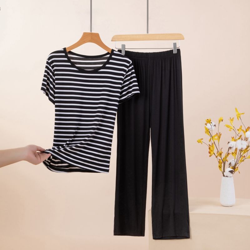 

Modal Casual Short-Sleeved T-shirt Women s Summer Plus Size Loose All-Matching Trousers Thin Stripes Home Pajamas Suit Black L (Recommendation 50.00 kg-60.00 kg