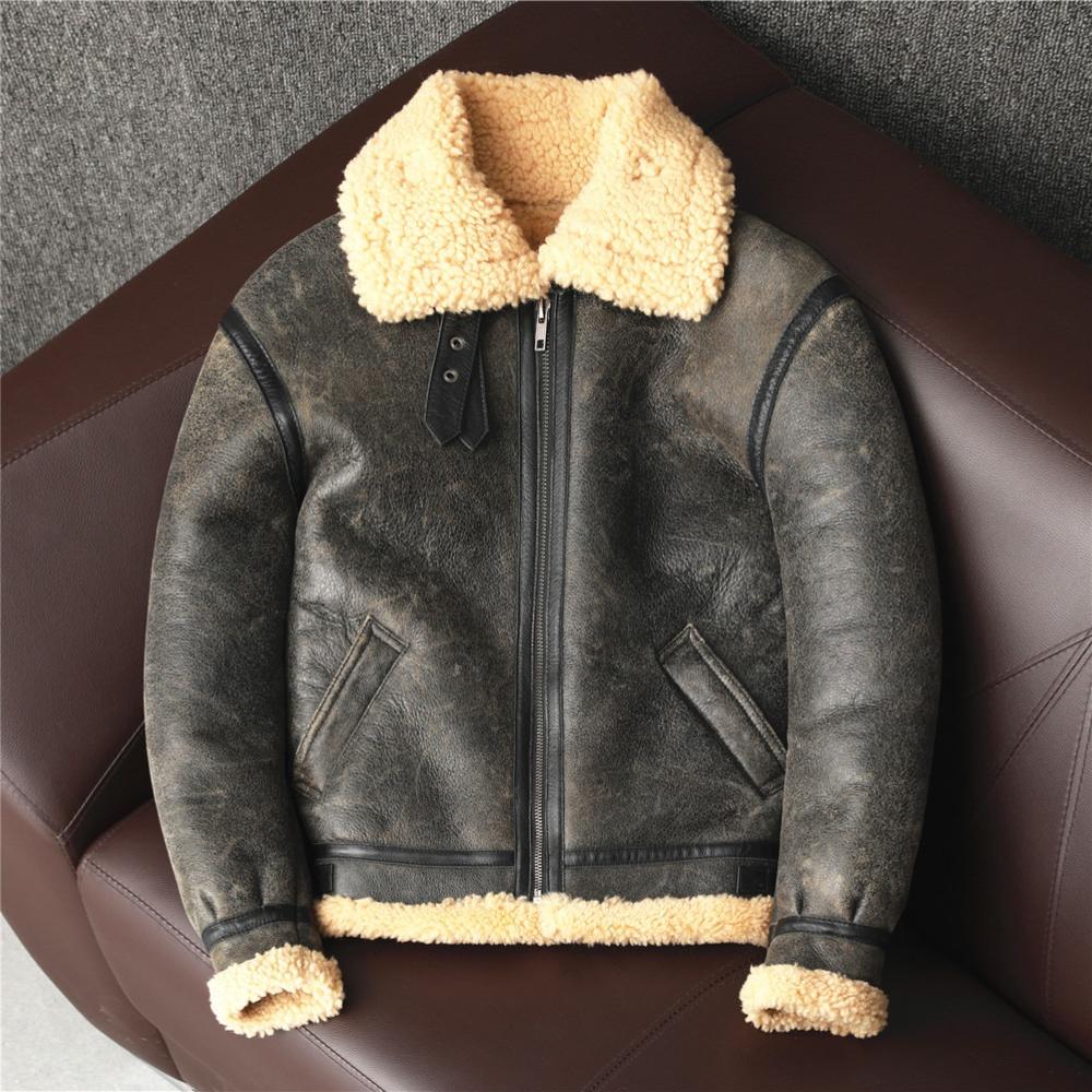 Thickened Lambswool Genuine Leather Fur Coat Men B3 Flight Jacket Large Size Warm Winter Outwear