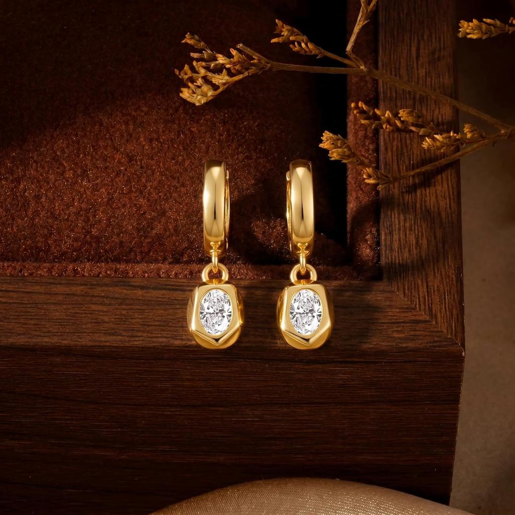 14K Gold Plated Dangle Hoop Earrings for Women Drop Jewelry Gifts | Trendy Chunky Statement Huggie Earring Cubic Zirconia Crystal Charm Lightweight