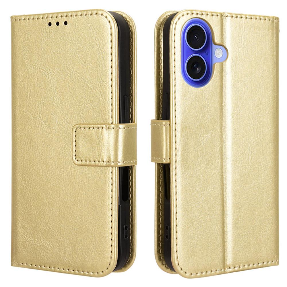 

For iPhone 16 Plus Case Crazy Horse Texture PU Leather Phone Wallet Cover Gold