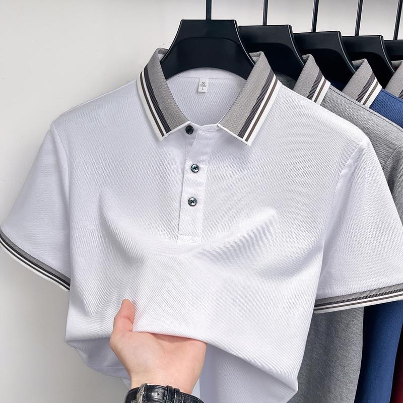 Men's Casual Lapel Polo T-Shirt - Cross Stripe Short Sleeve, Summer Wear for Young and Middle-aged