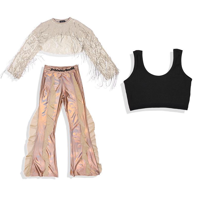 Girls' Sequin Tassel Jazz Dance Outfit - Mesh Long Sleeve & Pants Set for Street & Performance