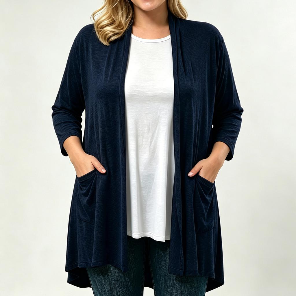 Women's Plus Size Soft Three-Quarter Sleeve Cardigan with Pockets