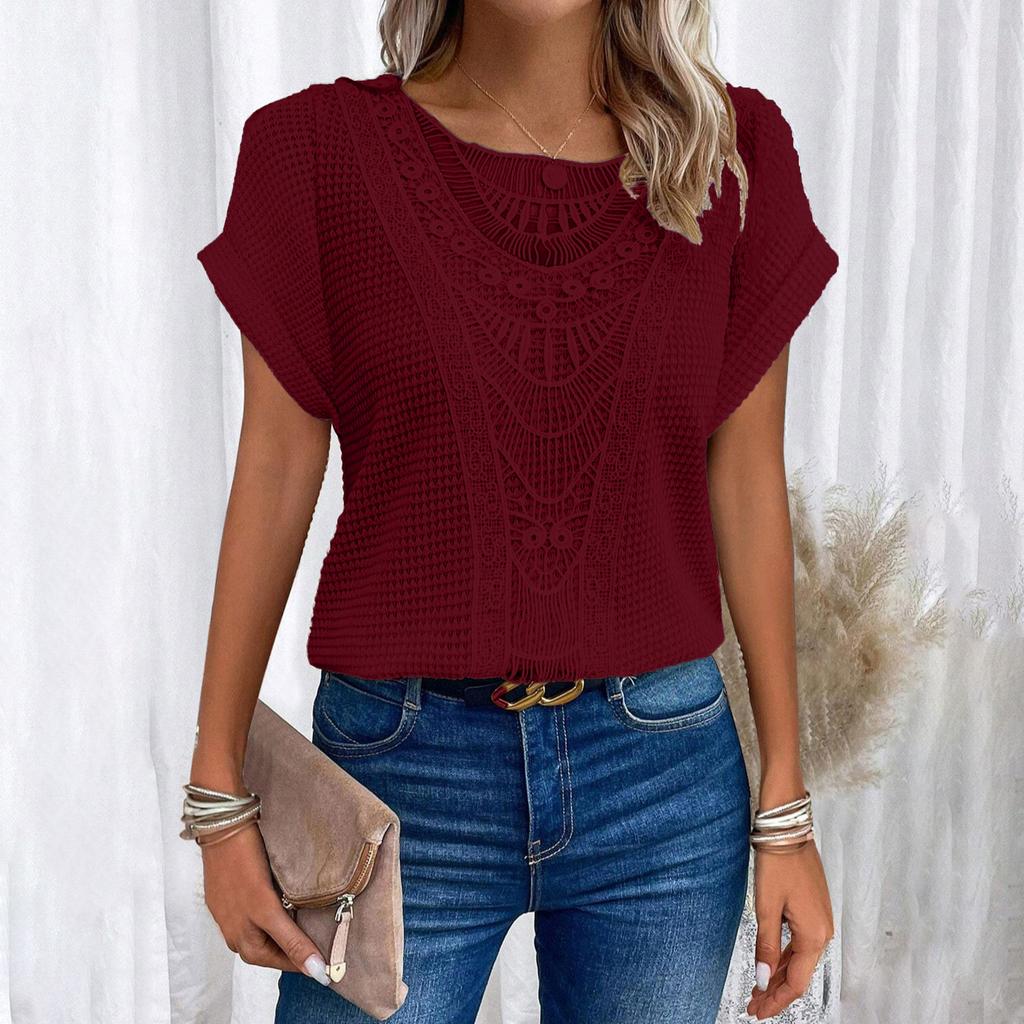 Women’s Short Sleeve Crochet Knit Top with Round Neck and Hollow Out Pattern for Casual Daily Wear