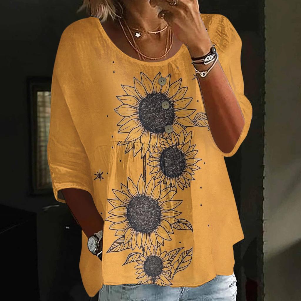 Women's Fashion Casual Three-quarter Sleeve Loose Round Neck Button Floral Print Top
