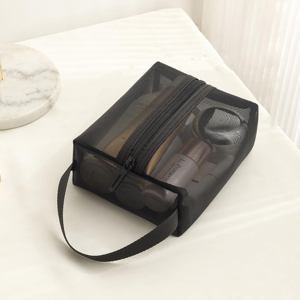 Casual Portable Mesh Makeup Bag Square Zipper Storage Toiletry Bag Large Capacity Lightweight Transparent Cosmetic Bag Bathroom