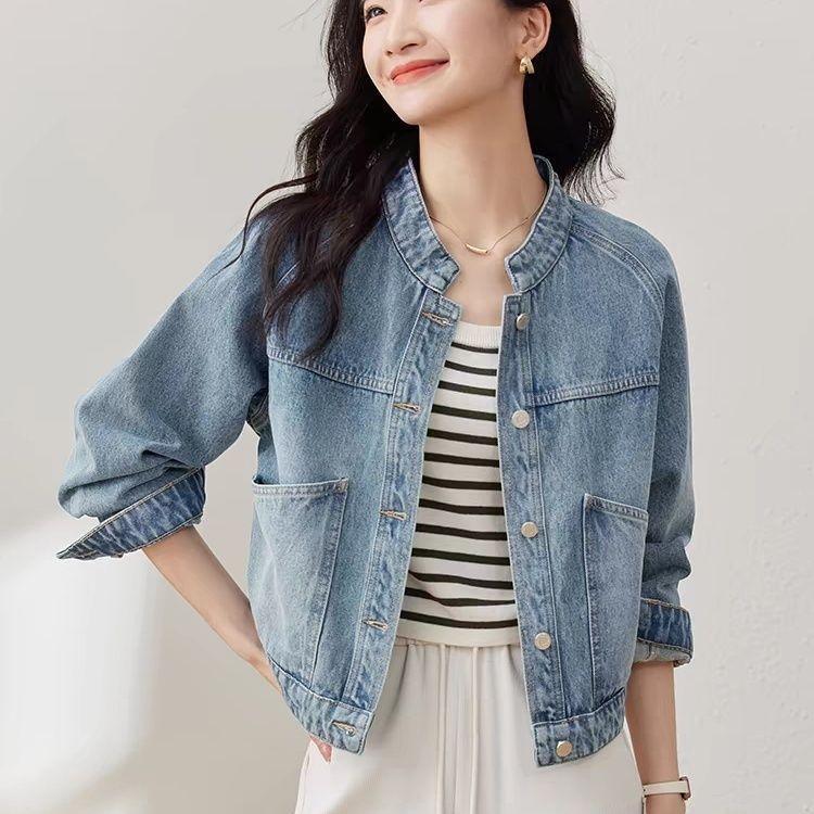 Retro Yıkanmış Denim Kısa Ceket Kadın Sonbahar İlkbahar Dik Yaka Küçük Uzun Kollu