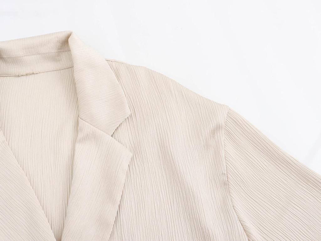 Women's Casual Crinkle Double-Breasted Blazer + High-Waisted Long Pants