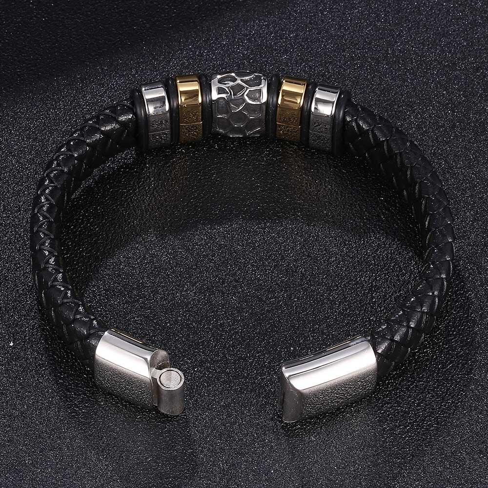 New Black Braid Leather Bracelets Mens Punk Boys Unique Zinc Alloy Metal Weave Knit Bracelet Gifts