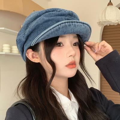 Japanese Washed Old Denim Pleated Beret Hat for Women Retro All Match Face Showing Little Painter Octagonal Hat Newsboy Hat