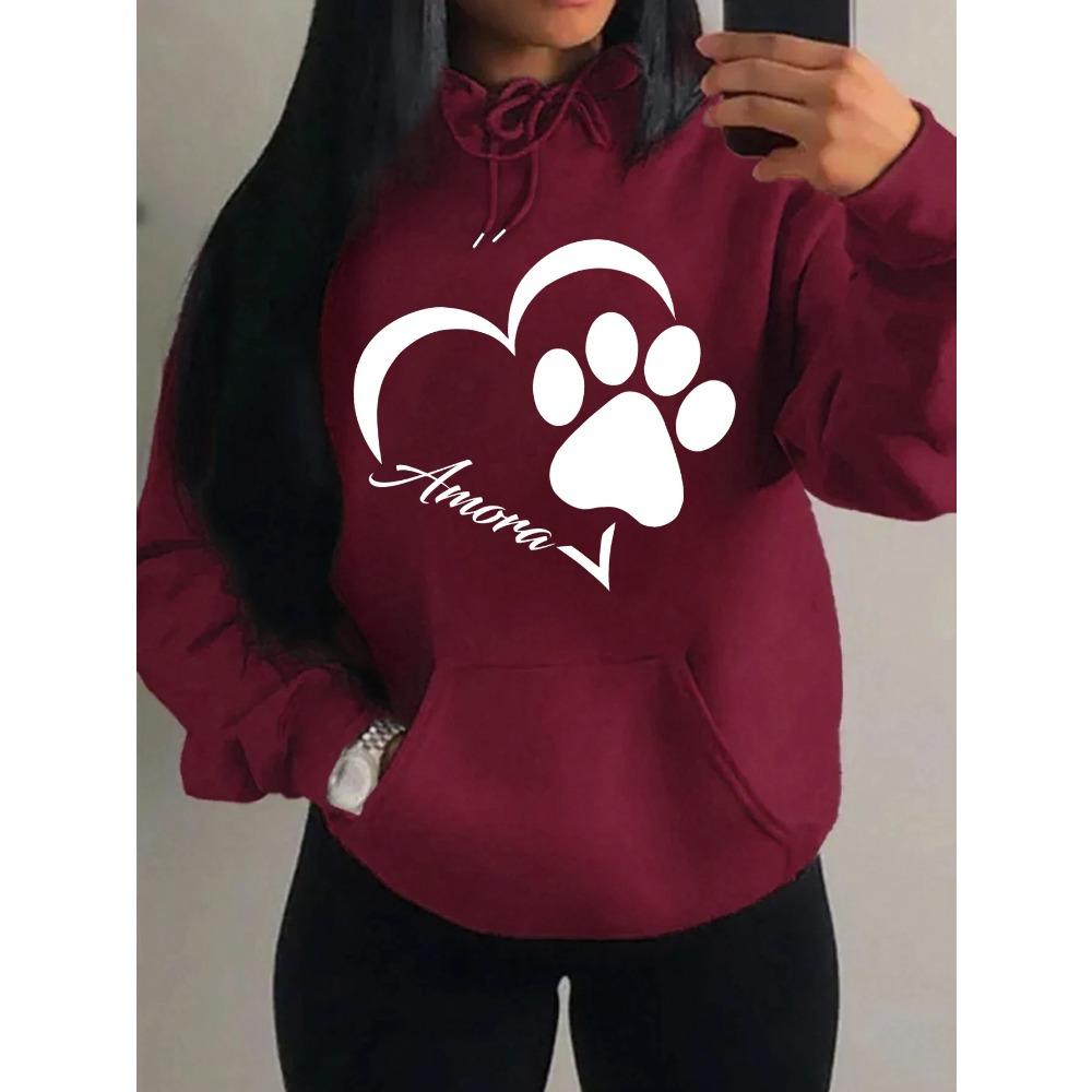 Love And Little Cat Foot Creative Print Women Hoody Fashion Autumn Sweatshirt Pocket Hoodie Sport Style Comfortable