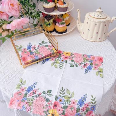 Floral Napkins, 33cm 2-Ply White Pink Yellow Flower Pattern for Wedding Birthday Party Table Decor, 20pcs