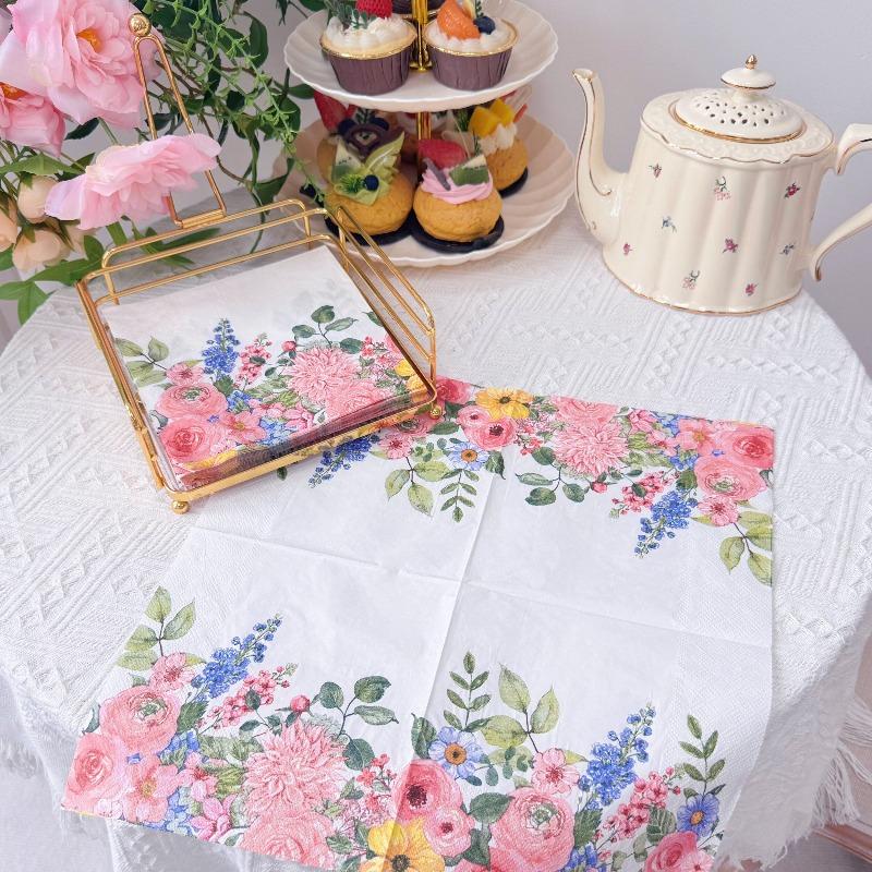 Floral Napkins, 33cm 2-Ply White Pink Yellow Flower Pattern for Wedding Birthday Party Table Decor, 20pcs