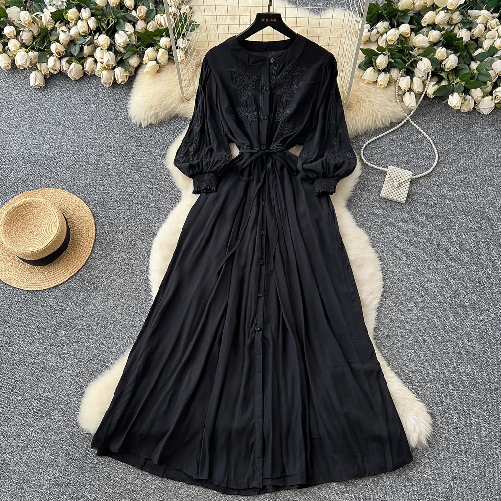 Vintage Elegant Embroidered Button Dress A-line Chic Casual Beach Vacation Women Summer Dresses