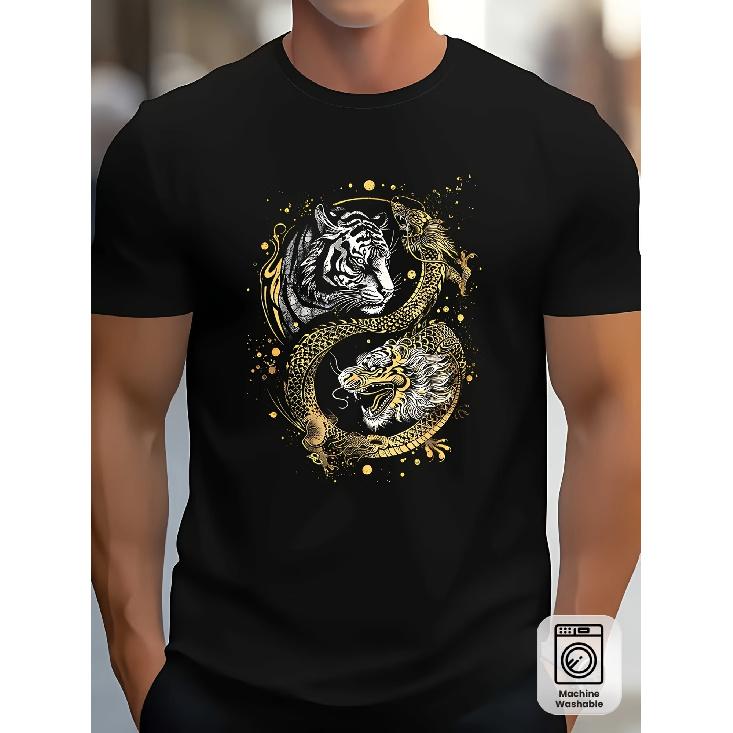 Men'S T-Shirt Featuring 100% Fabric With A Yin Yang Design Of A Tiger And Dragon. This Black And Golden Retro Asian Style Shirt Has Short Sleeves And