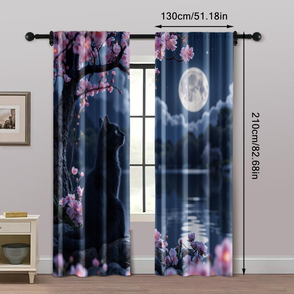 2pcs   Curtains Cherry Blossom Black Cat Machine Washable Polyester (without rod) Thermal Insulation   and Room Darkening