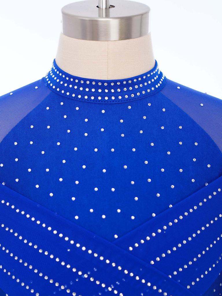 Dívčí průhledný síťovaný trikot s dlouhým rukávem, kamínky, gymnastický, s vykrojením vpředu a vzadu, body