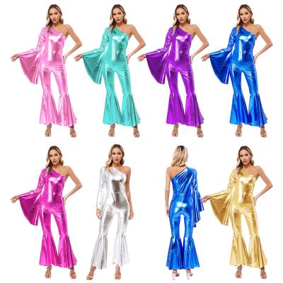 Womens Metallic Bell Bottom Jumpsuit One Shoulder Flare Sleeve Bodysuit for Carnival Club Parties