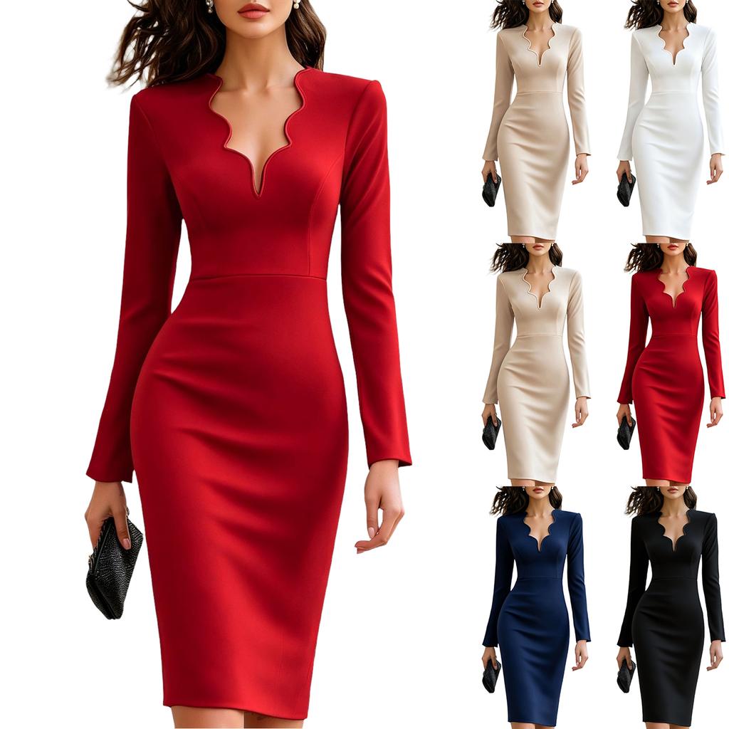 Women's Lace V-Neck Long Sleeve Bodycon Midi Dress for Party Cocktail