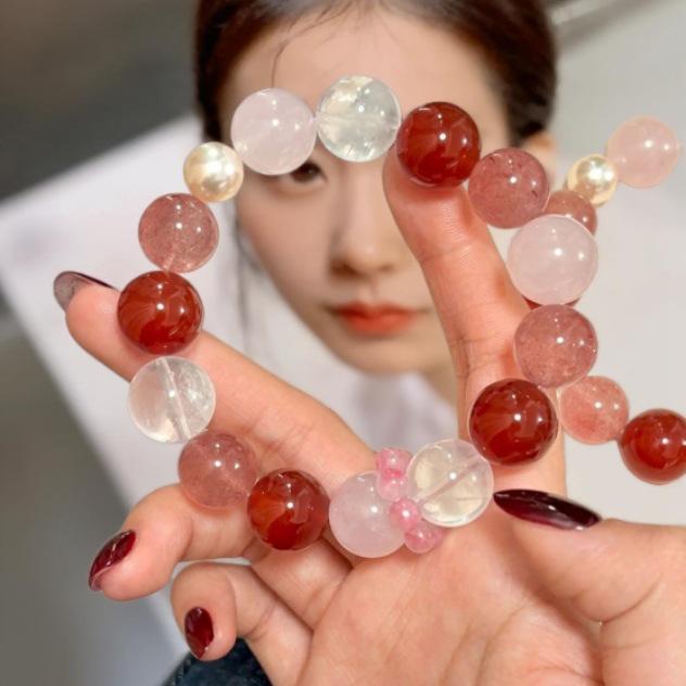 

Women s High-End Red Agate & Strawberry Quartz Bracelet with White Phantom, Pearl & Pink Crystal