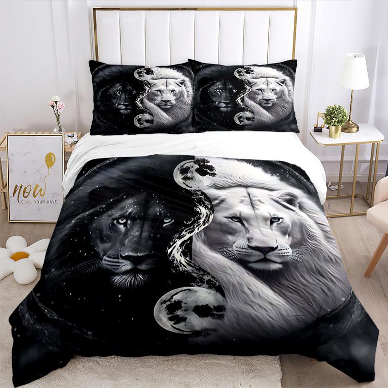 3pcs Anime Lion Yin Yang Moon Comforter Set with One Quilt Cover and Two Pillowcases (No Core) - Home Decor, Festival Gift, Polyester Fabric, Suitable