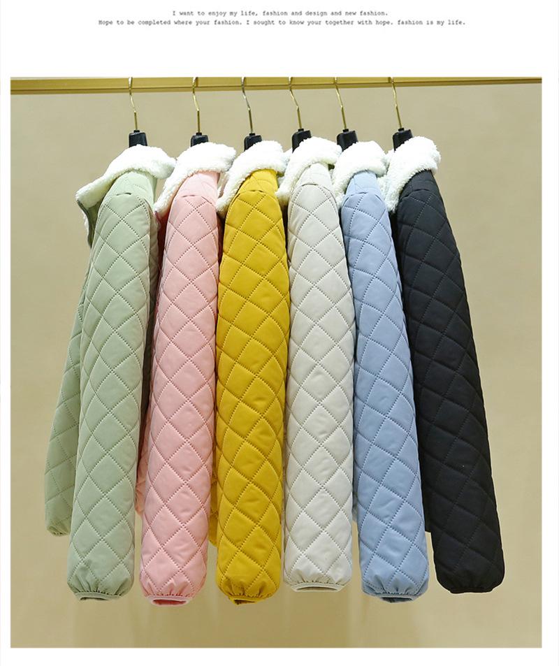 2024 Fall/Winter Women's Lambskin Cotton Coat - Stand-up Collar, Casual Loose Fit, Warm and Stylish Diamond Check Design.