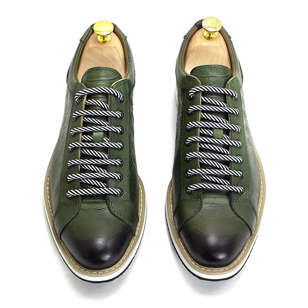 Fashion Men's European Style Casual Shoes Real Cow Leather Green Black Fashion Designer Luxury Croc Print Flat Street Footwear