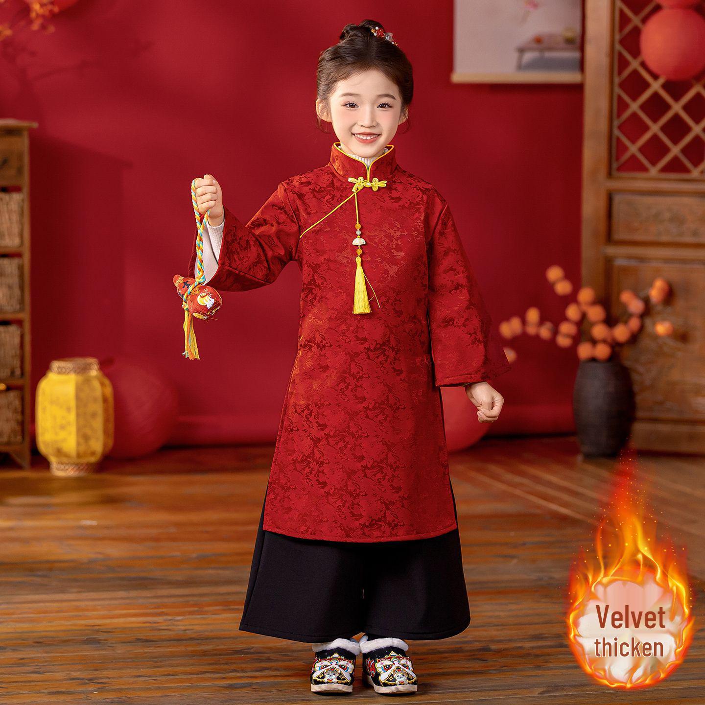 Детский зимний набор Ханьфу: Теплый праздничный наряд для мальчиков и девочек в китайском стиле 120cm