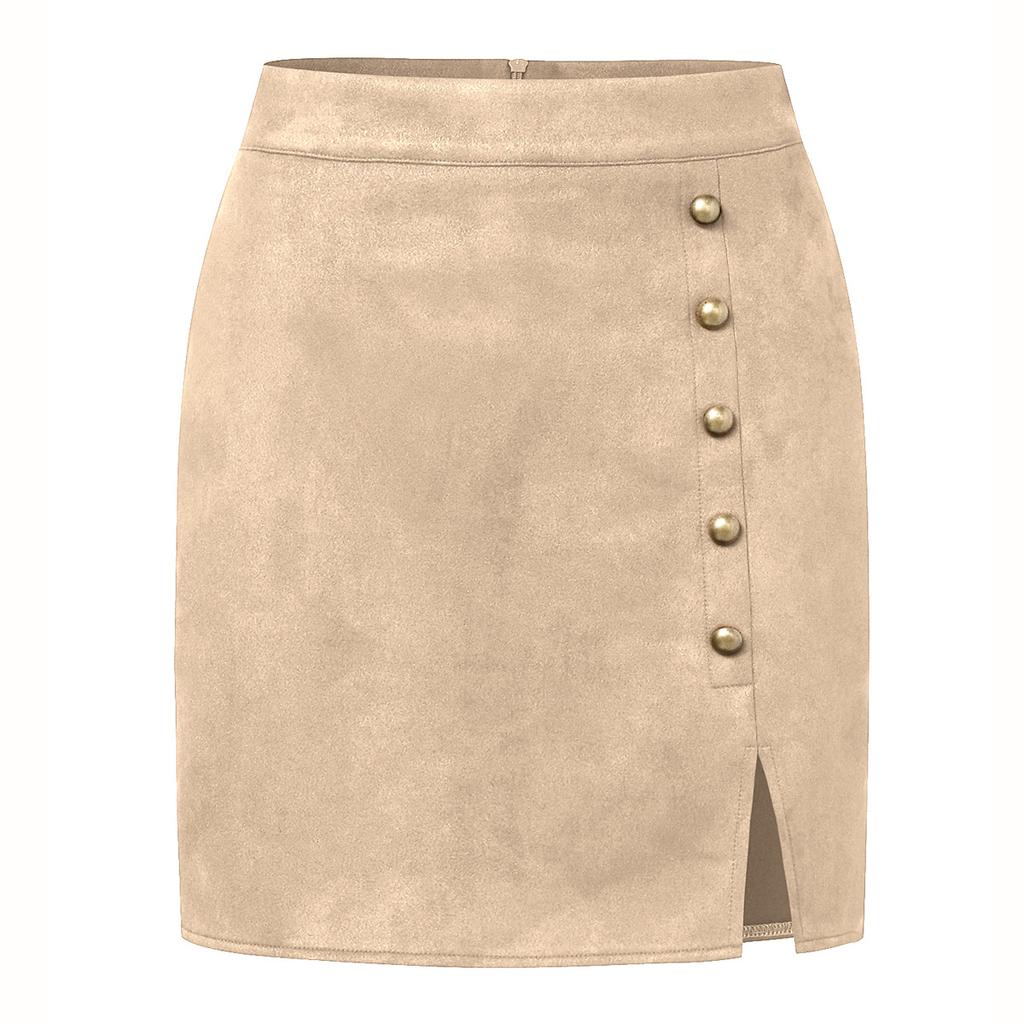 Women's Solid Color Suede Skirt High Waisted Metal Buckle Wrapped Hip Short Skirt Mini Skirt