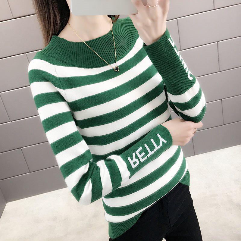 

Striped Round Neck Women s Knitted Sweater - Slim Fit, Long Sleeve, Color Block Base Layer for Spring, Autumn, and Winter. Trendy Korean Style Top. M 90-110 jin