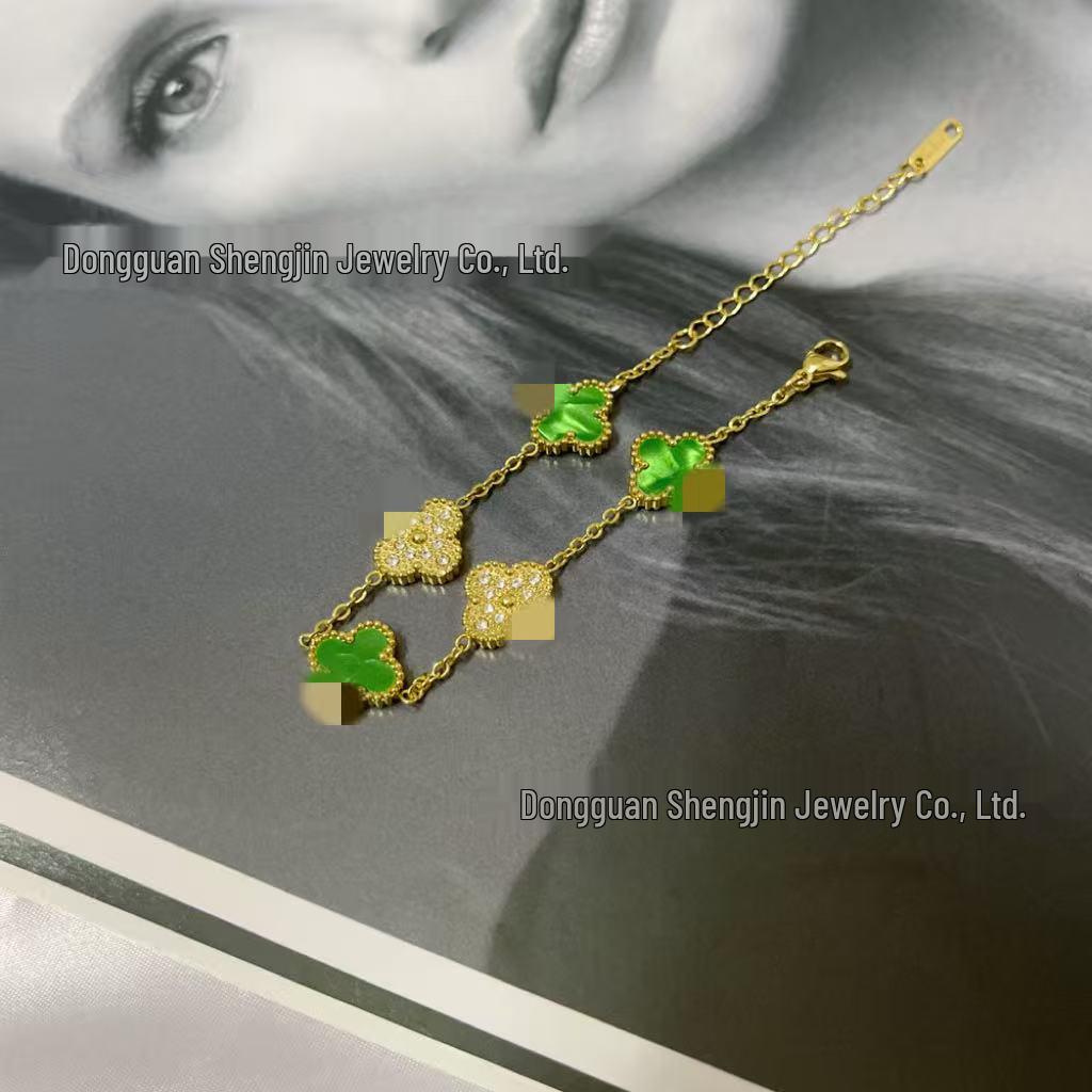 18k Gold 13mm Clover & Diamond Five-Flower Bracelet - Women's Simple, Versatile, Non-Fading Fashion Accessory