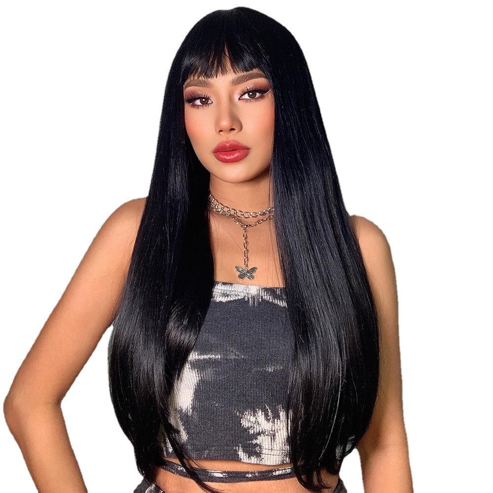 European and American Style Women Long Straight Wig with Blunt Bangs Front Lace Heat Resistant Synthetic Fiber Ombre Gray Wigs