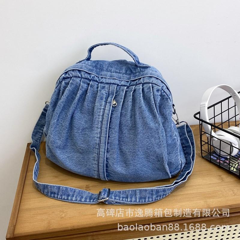 

Рюкзак 2024 года, новый модный повседневный рюкзак из стираного денима для студентов колледжа, универсальная школьная сумка через плечо Tide синий