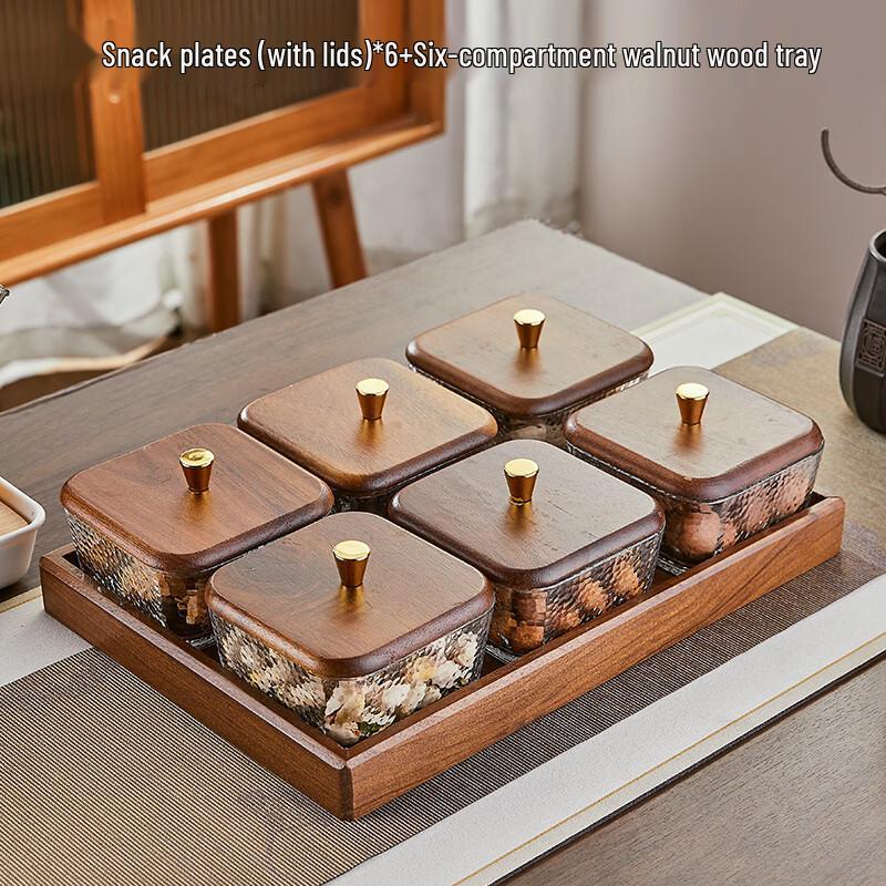 Miaoang Walnut Wood Fruit & Snack Serving Tray with Segmented Dishes