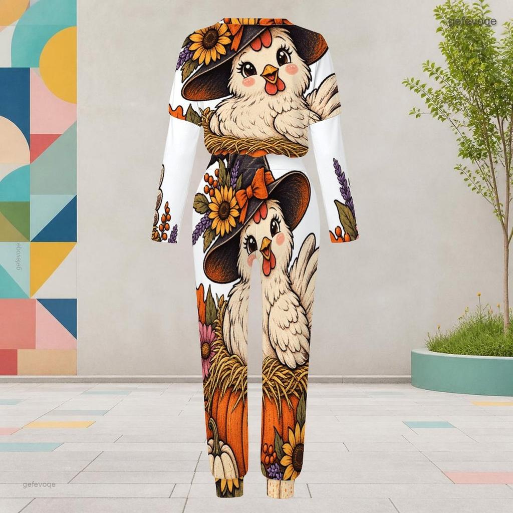 Women Plus Size White Halloween Ghost Printed Round Neck Long Sleeve Cuffed Two Piece Pants Set With Pockets