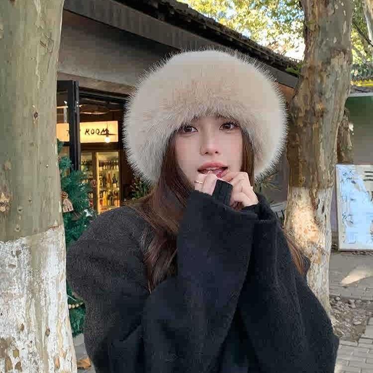 Nouveau Chapeau d'Hiver Japonais pour Femmes en Automne et en Hiver Épaissi Fourrure Imitation Fourrure Chapeau de Pêcheur Chaud Couleur Unie Polyvalent Chapeau Mongol