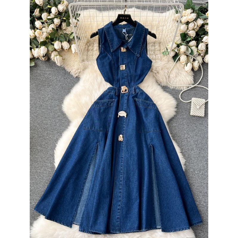 Chic Retro Breasted Cut Out over the Knee Denim Dress