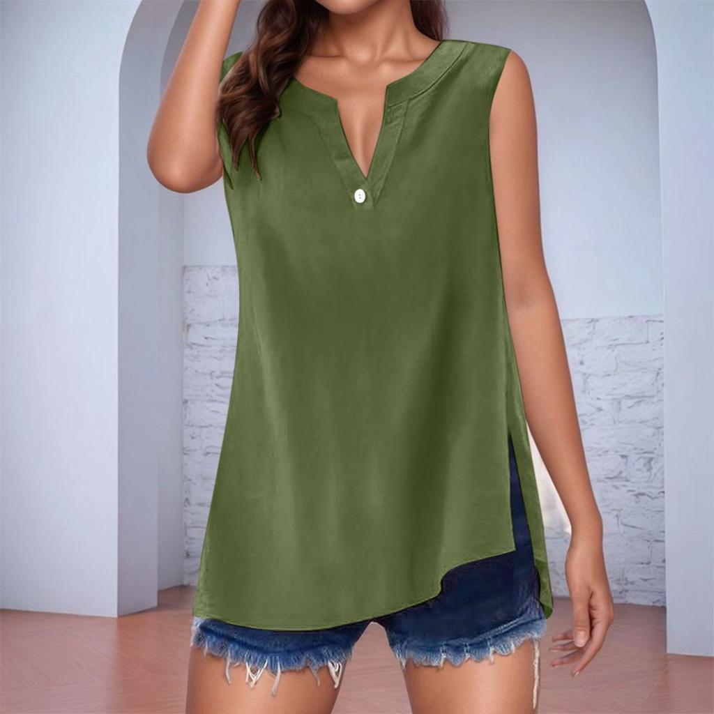 Women's Cotton Linen Solid Colour Sleeveless Shirt V-Neck With Buttons Loose Blouse