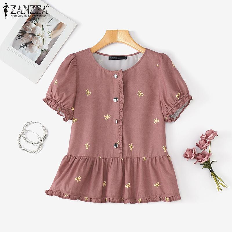 ZANZEA Blusa informal de verano con cuello redondo y manga corta estampada para mujer