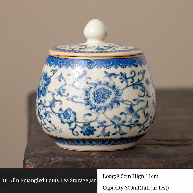 Ru Kiln Blue And White Entangled Lotus Ceramic Tea Jar Household Storage Sealed Jar Kung Fu Tea Set Accessories