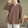 Women's Green Chinese Style Wrap Blouse Long Sleeve Casual Linen Blend Top
