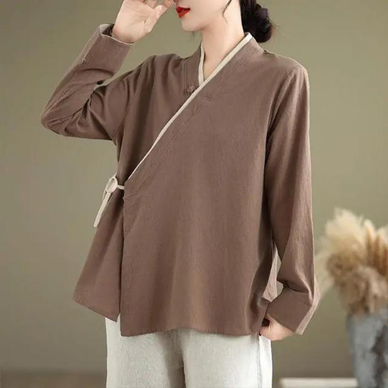 Women's Green Chinese Style Wrap Blouse Long Sleeve Casual Linen Blend Top