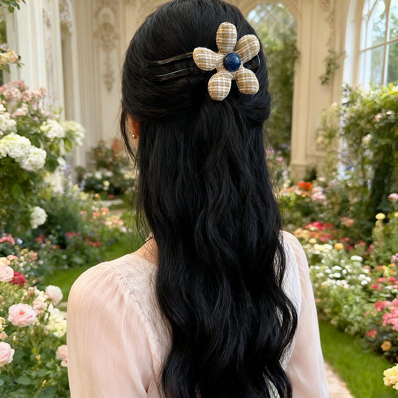 Korean Style Plaid Floral Duckbill Hair Clip – Large Size High-End Half-Up Hair Accessory