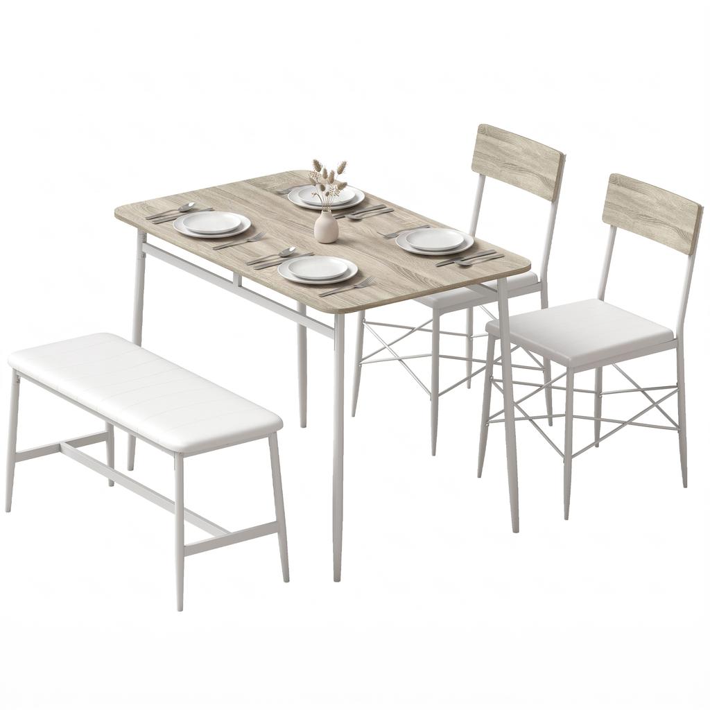 Dining Table Set with 2 Chairs and Bench, Upholstered Seats, Oak and White